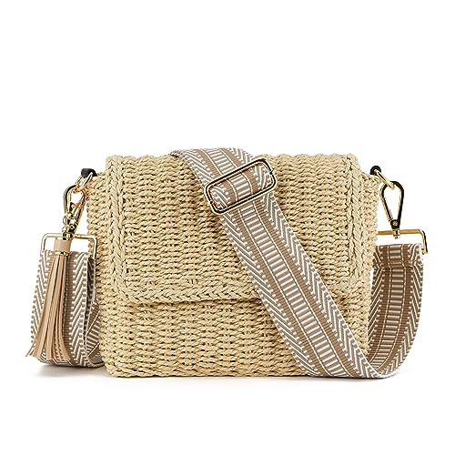 WEIMZC Damen Sommer Stroh geflochtene Schulter Crossbody Tasche mit Quaste, verstellbare Schultergurte gewebte Strand handgefertigte Tasche, Beige (5 cm) Farbe2 von WEIMZC