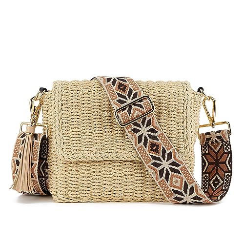 WEIMZC Damen Sommer Stroh geflochtene Schulter Crossbody Tasche mit Quaste, verstellbare Schultergurte gewebte Strand handgefertigte Tasche, Beige (5 cm) Farbe65 von WEIMZC