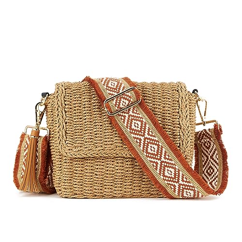 WEIMZC Damen Sommer Stroh geflochtene Schulter Crossbody Tasche mit Quaste, verstellbare Schultergurte gewebte Strand handgefertigte Tasche, Braun (5 cm), Farbe86 von WEIMZC