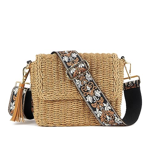 WEIMZC Damen Sommer Stroh geflochtene Schulter Crossbody Tasche mit Quaste, verstellbare Schultergurte gewebte Strand handgefertigte Tasche, Braun (5 cm)Farbe47 von WEIMZC