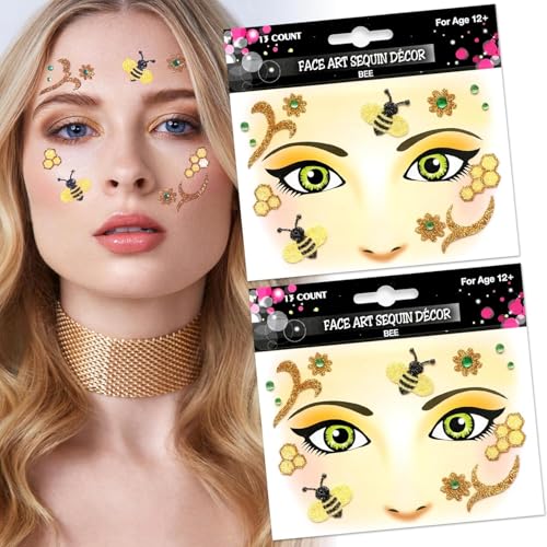 2 Stück Face Art Aticker, Temporäre Gesichtstattoo Karneval, Glitzer Gesicht Aufkleber, Glitzer Tattoo Gesicht Karneval, Temporäre Tattoos Gesicht für Karneval Fasching Tierkostüm Motto Partys (F) von WEINIBAO