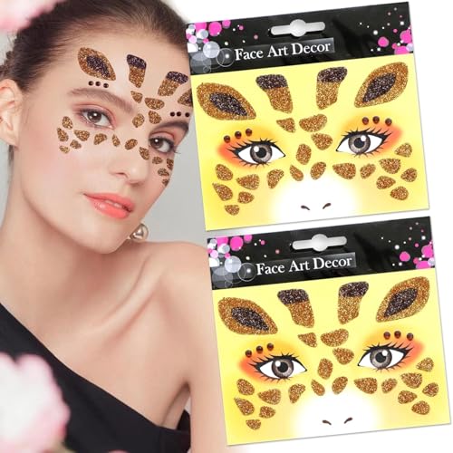 2 Stück Face Art Aticker, Temporäre Gesichtstattoo Karneval, Glitzer Gesicht Aufkleber, Glitzer Tattoo Gesicht Karneval, Temporäre Tattoos Gesicht für Karneval Fasching Tierkostüm Motto Partys (D) von WEINIBAO