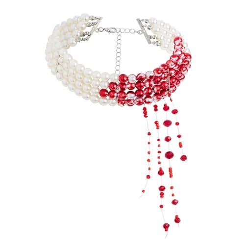 Blutige Perlenkette, Halloween Kostüm Damen Accessoires mit Verstellbarer Halloween Blut Halskette Perlen, Perlenkette Blut mit Quasten, Blutketten für Halloween Karneval Fasching Kostüm Party von WEINIBAO