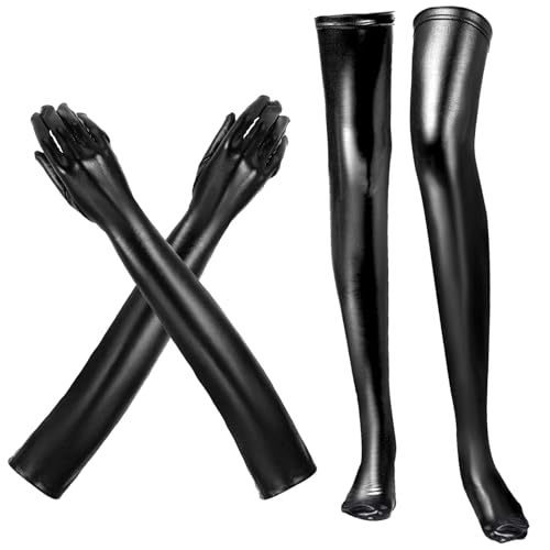 Lackleder Handschuhe Lackleder Strümpfe Elastische, Schwarz Handschuhe Glänzend Halterlose Strümpfe Leder, Lange Handschuhes Leder Overknees Strümpfes Damen für Halloween Kostüme Cosplay Party von WEINIBAO