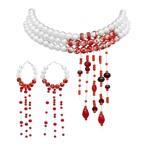 Perlenkette Blut, Halloween Kostüm Zubehör Damen mit Blutige Perlenkette Perlenohrringe, Verstellbarer Blut Kette Halloween für Damen Mädchen, Blut Halskette für Halloweens Karneval Fasching Maskerade von WEINIBAO
