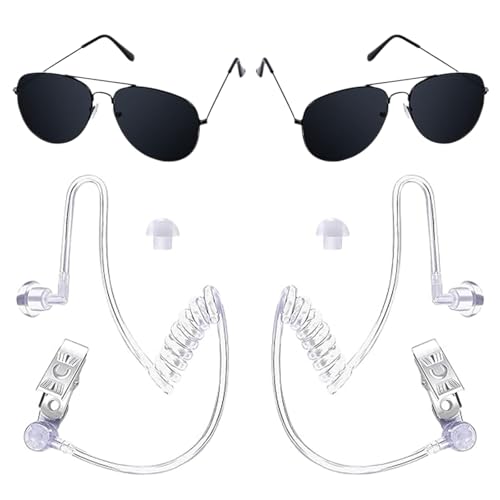 Spion Ohrhörer Spielzeug, 4 Stück Agent Kostüm Zubehör mit Ohrhörer Schallschlauch und Schwarz Sonnenbrillen, Rollenspiele Security Kostüm Accessoires, Spion Kostüm Zubehör für Kinder Cosplay Party von WEINIBAO