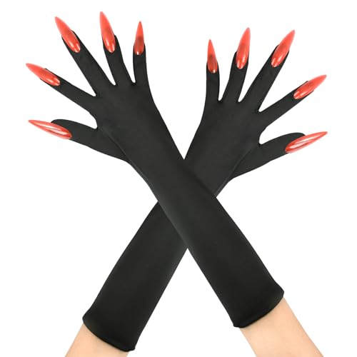 WEINIBAO Halloween Handschuhe, Handschuhe Lange Fingernägel, Halloween Kostümhandschuhe mit Rot Krallen, Lange Nagelhandschuhe Schwarze Teufel Handschuhe für Halloween Karneval Cosplay Kostüm Party von WEINIBAO