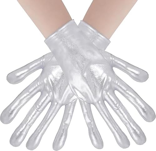WEINIBAO Silberne Handschuhe Kurze, Herren Damen Lackleder Handschuhe, Kurze Handschuhe Silber Metallic, Silberne Alien-Handschuhe, Hochzeit Opera Karneval Halloween Cosplay Handschuhe für Mottoparty von WEINIBAO