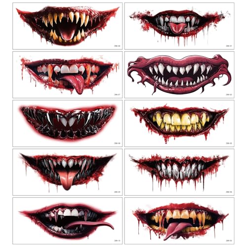 WEISIPU 10 Modelle Halloween Mund Tattoo Temporäre Tattoos Skull Mund Gesichtsaufkleber Tattoos Set Wasserdichte Hallo ween Make Up Gesichtstattoo von WEISIPU