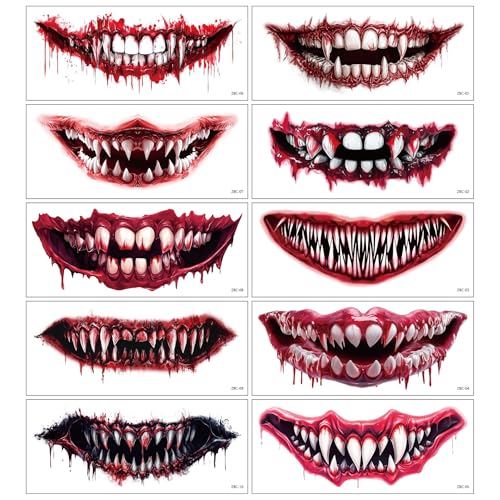 WEISIPU 10 Modelle Halloween Mund Tattoo Temporäre Tattoos Skull Mund Gesichtsaufkleber Tattoos Set Wasserdichte Hallo ween Make Up Gesichtstattoo von WEISIPU