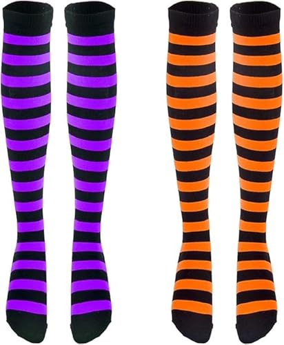 WEITAPYT 2 Paare Lange Gestreifte Socken, Lange Socken Streifen, Ringelstrümpfe, Gestreifte Strümpfe, Gestreiftes Kniestrümpfe Damen, Geeignet für Halloween-Cosplay-Partykostüme von WEITAPYT