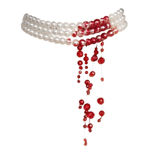 WEITAPYT Blutige Perlenkette, Bluttropfen Kette, Perlenkette Mit Blut, Blut Kette Halloween, Gothic Mehrschichtige Imitationsperle Blutstropfen Halskette Halloween Vampir Accessoire(B) von WEITAPYT