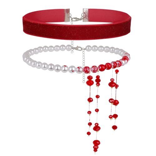 WEITAPYT Blutige Perlenkette, Bluttropfen Kette, Perlenkette Mit Blut, Blut Kette Halloween, Gothic Mehrschichtige Imitationsperle Blutstropfen Halskette Halloween Vampir Accessoire(D) von WEITAPYT