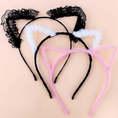 Katzenohren Haarreif, 3pcs Katzenohr Stirnband, Haarreif Katzenohren Damen Schwarz, Cat Ears Headband Set, Geeignet für Mädchen für Cosplay-Party, Karneval, Halloween(2Schwarz+1Rosa) von WEITAPYT