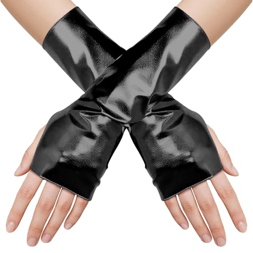WEITAPYT Schwarze Glänzende Handschuhe, Fingerlose-Handschuhe Metallic Glänzende, Lange Fingerlose Handschuhes, Kostüm-Handschuhes, für Party Kostüm Zubehör Halloween Cosplay - 1 Paar von WEITAPYT