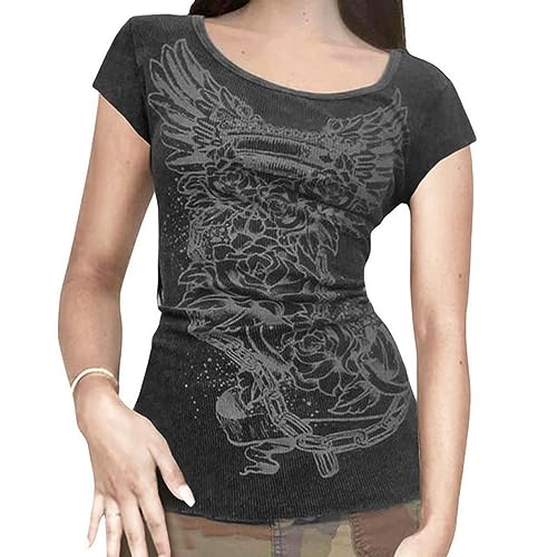 Damen Goth Kleidung Y2K Crop Tops Sommer 2023 T-Shirts Grunge 2000er Trashy Ästhetische Kurzarm-T-Shirts Junge Mädchen Streetwear-17A-L von WEITING