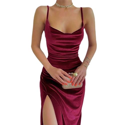 Elegante Samt-Spaghetti-Träger-Kleider im Vintage-Stil, für Damen, Wasserfallausschnitt, V-Ausschnitt, hoher Schlitz, figurbetontes Kleid, Party, Club, Abend, Vestidos-Burgund-M von WEITING