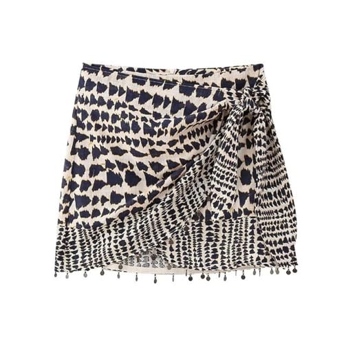 Frauen Vintage Geometrische Druck Verknotet Mini Sarong Rock Weibliche Perlen Quaste Casual Zipper Vestidos-BB QUN4078-M von WEITING