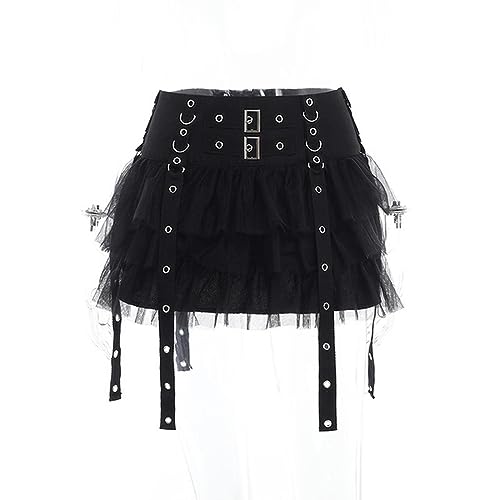 Gothic Dark Ruffle Mall Gothic Mesh Panel Minirock Harajuku Knopf A-Linie Rock Punk High Waist Bottoms-schwarz-S von WEITING
