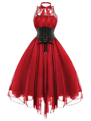 Gothic Punk Vintage Partykleider Damen Schwarz ärmellos Kreuzrücken Retro Spitze Panel Korsett Swing Kleid Robe Femme Vestidos-rotes Vintage-Kleid-S von WEITING