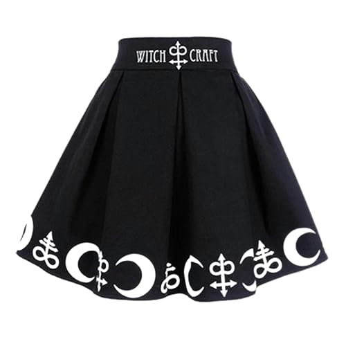 Harajuku Punk Rock Gothic Rock Schwarz Damen Mond Print Hohe Taille Sterne Print Gothic Plissee Minirock-Skirt-4XL von WEITING