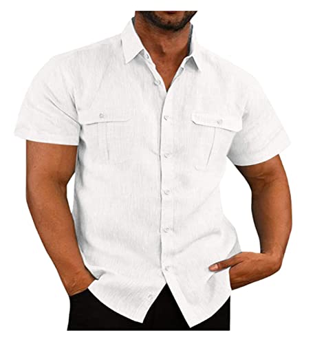 Herren Hemd Kurzarm Bügelfrei Sommer Casual Button Down Freizeithemden Für Männer Strand Shirt Einfarbig Urlaub Hemden Herren Kurzarm Hemd Sommer Herren T-Shirt (Color : Blanc, Size : 3XL) von WEITING