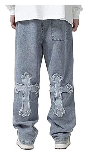 Herren Hip Hop Baggy Jeans Fashion Print Loose Fit Wide Leg Y2k Harajuku Denim Pants Herren-Jeans (Color : Blue, Size : L) von WEITING