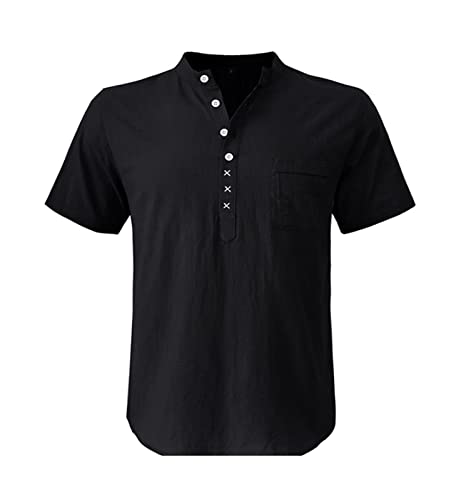 Herren-Knöpfe Mit Kurzen Ärmeln Lässige Herren-Baumwoll-Leinen-Hemden Kurzarm-Sommer-Strandhemden Mit Taschen Herren T-Shirt (Color : Noir, Size : S) von WEITING