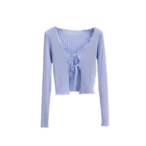 Hohles kurzes Oberteil für Mädchen mit V-Ausschnitt und Pilzkanten im amerikanischen Blogger-Stil, einfarbige Strickjacke mit Trägern – Blau – M von WEITING
