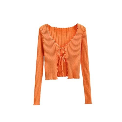 Hohles kurzes Oberteil für Mädchen mit V-Ausschnitt und Pilzkanten im amerikanischen Blogger-Stil, einfarbige Strickjacke mit Trägern – Orange – M von WEITING