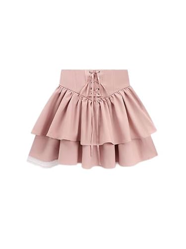 Kawaii rosa Minirock Damen Harajuku süßer Flauschiger Rock Lolita Bandage Schleife ästhetische koreanische Modekleidung Streetwear-Rosa-M von WEITING