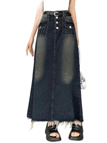 Modedesign Maxi-Jeansrock Damen 2023 Neu Vintage Knopftaschen Quaste A-Linie Hohe Taille Langer Jeansrock Weiblich-Dunkelblau-L von WEITING