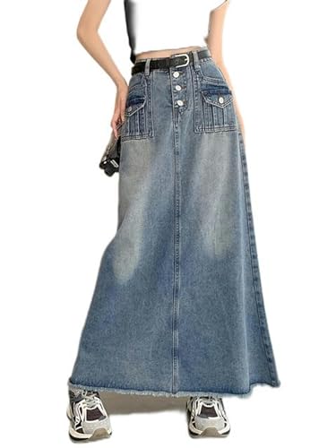 Modedesign Maxi-Jeansrock Damen 2023 Neu Vintage Knopftaschen Quaste A-Linie Hohe Taille Langer Jeansrock Weiblich-Hellblau-L von WEITING