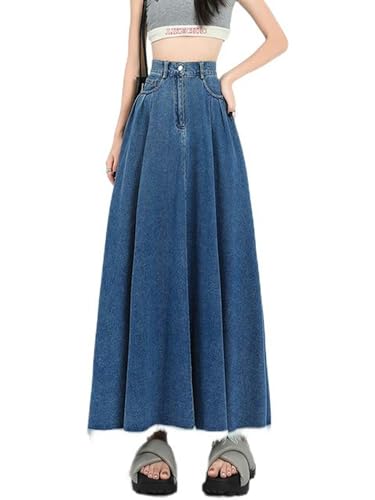 Modische Quaste Maxi Denim Rock Frauen 2023 Neue Koreanische Elegante Big Saum Hohe Taille Gefaltete Lange Jeans Rock Weibliche Dame-Dunkelblau-M von WEITING