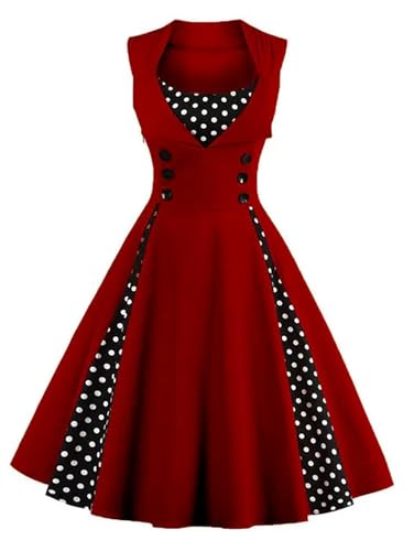 Plus Size 4XL 5XL Damen Robe Retro Vintage Kleid 50er 60er Rockabilly Dot Swing Pin Up Sommer Partykleider Elegante Tunika Vestidos-Weinrot-5XL von WEITING