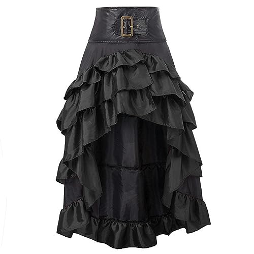 Rot und Schwarz Hohe Taille Lange Asymmetrische Rüschen Sexy Viktorianischer Retro-Rock Gothic Steampunk Rock Damen Plus Size Party Outfit-Schwarz-XXL von WEITING