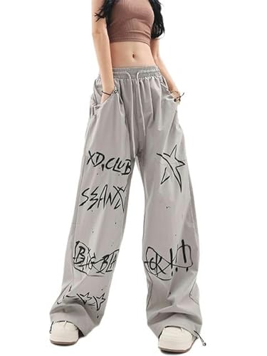 Sommer-Jogginghose für Damen, lockere Graffiti-Druck-Schnürhose mit hoher Taille und weitem Bein, Charakter-Cartoon-lose Freizeithose-Grau-S von WEITING