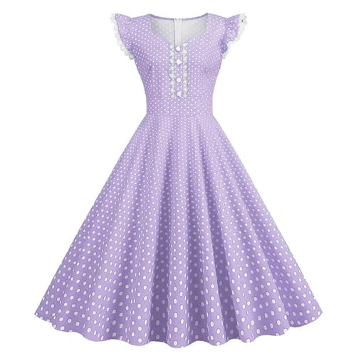Süßes, kurzärmliges, gepunktetes Sommerkleid für Damen, quadratischer Kragen, Vintage-Elegante Partykleider, Swing-Rockabilly-Kleid im Stil der 50er und 60er-Jahre-Lila-S von WEITING