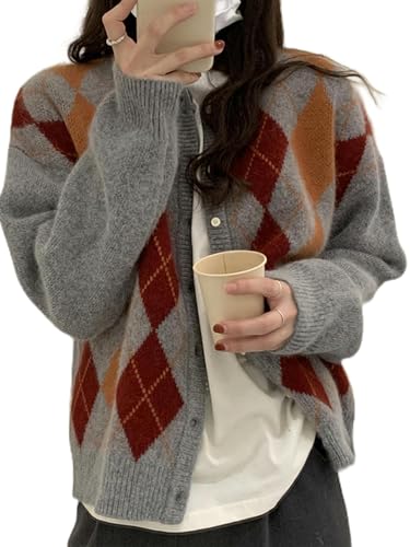 Vintage Argyle Pullover Strickjacke Damen Herbst Winter Korean Fashion Casual Mantel Adrette Allgleiches Strickjacke Damen Tops-Grau-XL von WEITING