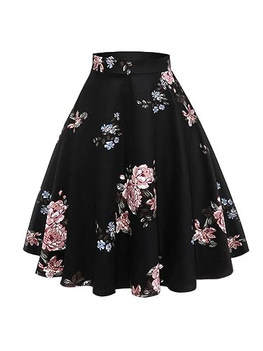 Vintage Damenrock Blumendruck Frühling Sommer Knielanger Rock Damen Baumwolle Hohe Taille Hepburn Swing Partykleid-Blumenrock-L von WEITING