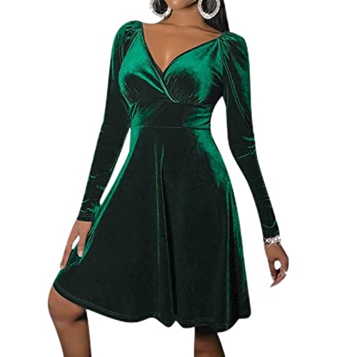 WEITING 5 Farben Damen Samtkleid V-Ausschnitt Langarm Einfarbig A-Linie Kleider Kleidung für Club Party Hochzeit Grün XL von WEITING