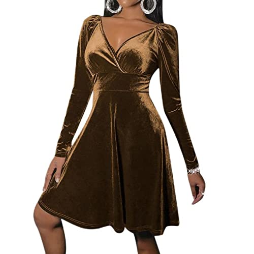 WEITING 5 Farben Damen Samtkleid V-Ausschnitt Langarm Einfarbig A-Linie Kleider Kleidung für Club Party Hochzeit - Kastanienbraun, XL von WEITING
