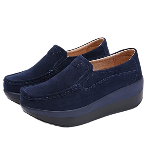 WEITING Damen Frauen Damen Schuhe Flache Loafer Plateau Mokassins Elegant Slip On-Blau, 37 von WEITING