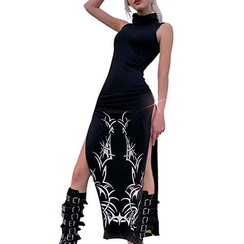 WEITING Damen Harajuku Print Gothic Schwarz Lange Kleider Vintage Ärmellos Academia Sommerkleid Niedliche Mode Koreanische Outfits Sommerkleid - Schwarz, S von WEITING