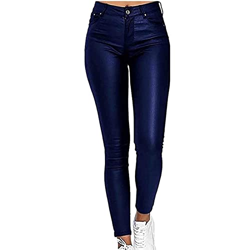 WEITING Damen-Hose Im Kunstleder-Look, Hoch Taillierte, Beschichtete Stretch-Röhrenjeans Lederhose (Color : Blue, Size : M) von WEITING