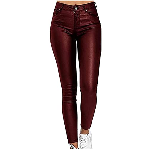 WEITING Damen-Lederhose, Kunstlederhose, Damen-Leder-Look-Hose, Denim-Biker-Hose, Dehnbare Damen-Lederhose, Pu-Leggings Lederhose (Color : Red Wine, Size : XL) von WEITING