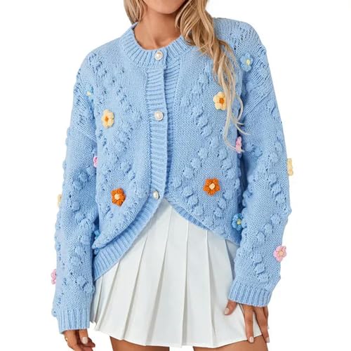 WEITING Damenmode Handgefertigter Häkel-Cardigan Pullover Herbst- und Winterkleidung Kawaii 3D-Blumenstickerei Langarm-Strickjacke mit Knöpfen-c-Einheitsgröße von WEITING