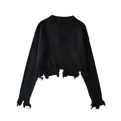 WEITING Design-Nischen-Pullover mit Rundhalsausschnitt, heißes Mädchen, Persönlichkeit, zerrissene Quaste, Rohe Kante, lockerer, langärmeliger Kurzpullover – Schwarz – M WEITING Design-Nischen-Pullover mit Rundhalsausschnitt, heißes Mädchen, Persönlichkeit, zerrissene Quaste, Rohe Kante, lockerer, langärmeliger Kurzpullover – Schwarz – M von WEITING