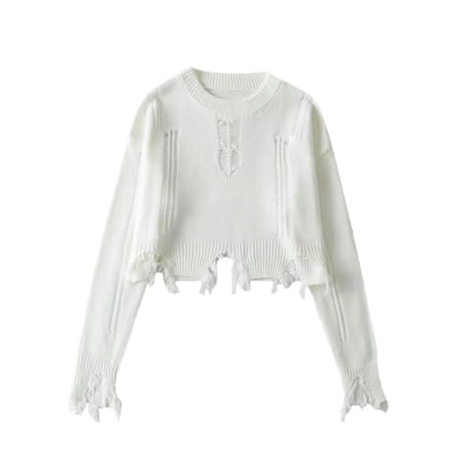 WEITING Design-Nischen-Pullover mit Rundhalsausschnitt, heißes Mädchen, Persönlichkeit, zerrissene Quaste, Rohe Kante, lockerer, langärmliger, kurzer Pullover-weiß-S von WEITING