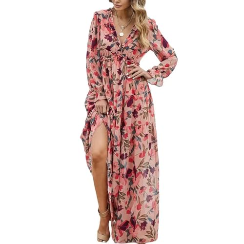 WEITING Elegantes Damen-Maxikleid mit tiefem V-Ausschnitt, gerüschtes Blumenmuster, lockerer Saum, Damenrobe-wie abgebildet_c-XL von WEITING